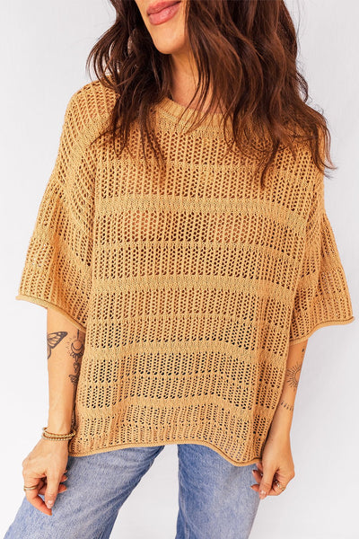 Women's Mustard 100% Cotton Openwork Knit Short Sleeve Sweater