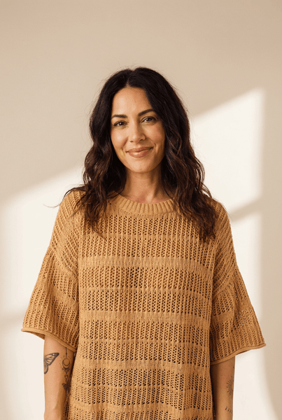 Women's Mustard 100% Cotton Openwork Knit Short Sleeve Sweater