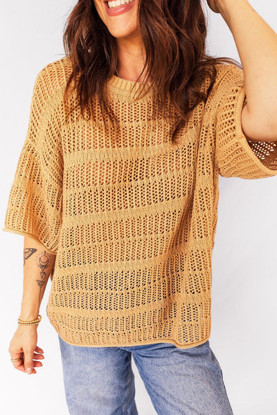 Women's Mustard 100% Cotton Openwork Knit Short Sleeve Sweater