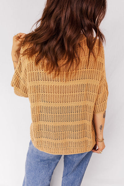 Women's Mustard 100% Cotton Openwork Knit Short Sleeve Sweater