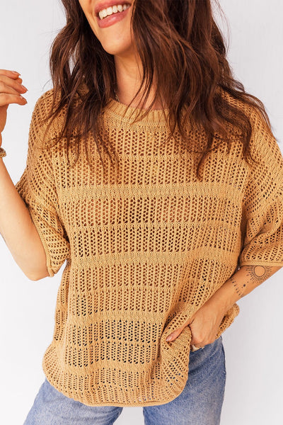 Women's Mustard 100% Cotton Openwork Knit Short Sleeve Sweater