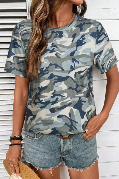 Women's Muted Sage Camo Crew Neck Tee in Tops & Tees