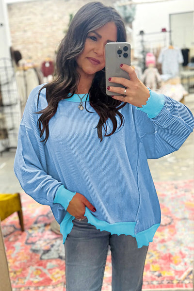 Women's Myosotis Sky Blue Twisted Rib Knit Top with Uneven Hem