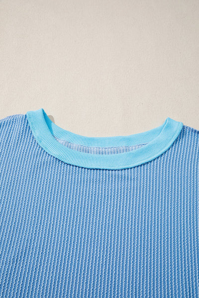 Women's Myosotis Sky Blue Twisted Rib Knit Top with Uneven Hem