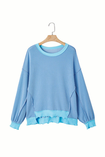 Women's Myosotis Sky Blue Twisted Rib Knit Top with Uneven Hem