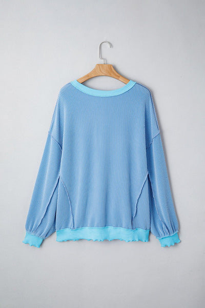Women's Myosotis Sky Blue Twisted Rib Knit Top with Uneven Hem