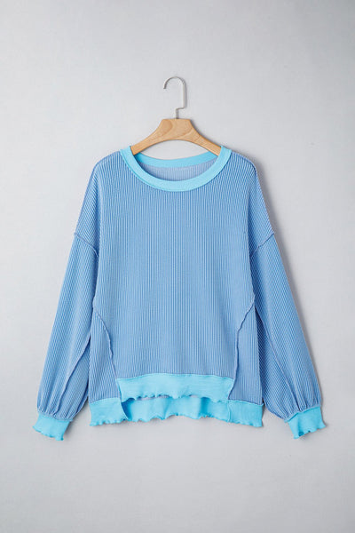 Women's Myosotis Sky Blue Twisted Rib Knit Top with Uneven Hem