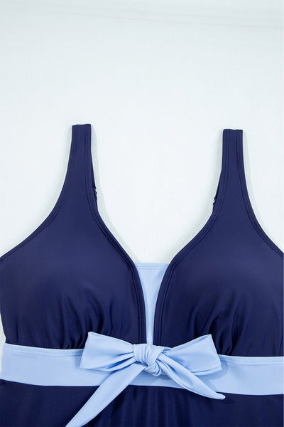 Women's Navy and Sky Blue Bow Accent Swim Dress