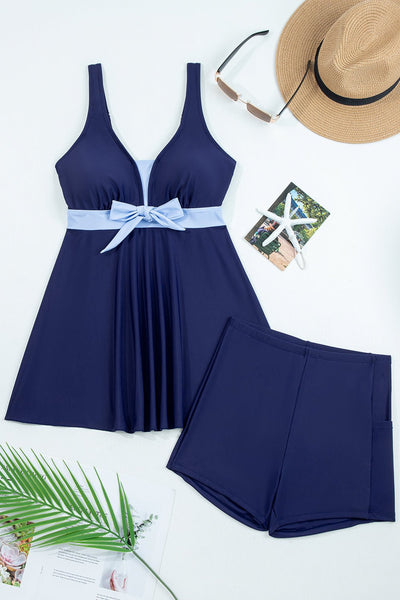 Women's Navy and Sky Blue Bow Accent Swim Dress