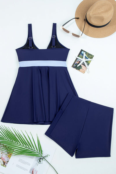 Women's Navy and Sky Blue Bow Accent Swim Dress