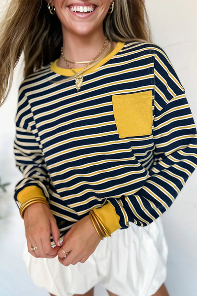 Women's Navy and Yellow Striped Ribbed Knit Top with Pocket