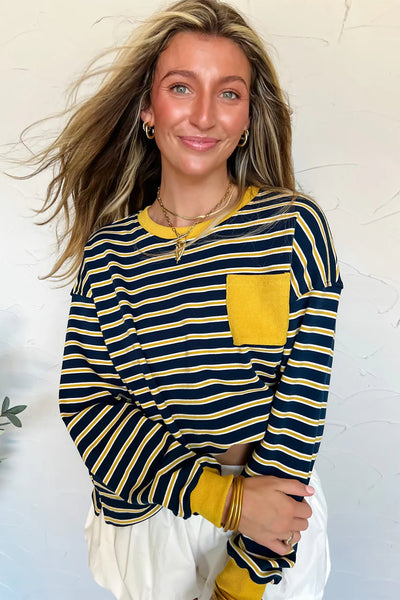 Women's Navy and Yellow Striped Ribbed Knit Top with Pocket