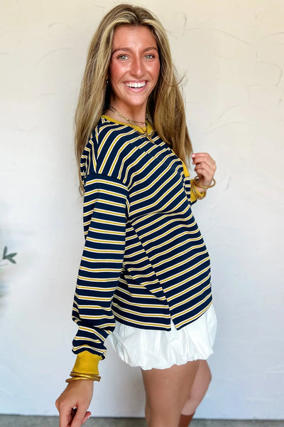 Women's Navy and Yellow Striped Ribbed Knit Top with Pocket