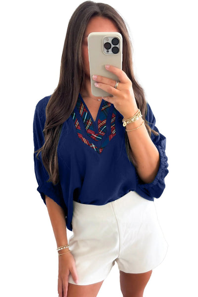 Women's Navy Blue V-Neck Plaid Patchwork Blouse with Half Sleeves