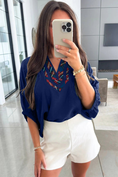 Women's Navy Blue V-Neck Plaid Patchwork Blouse with Half Sleeves