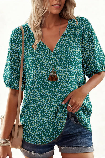 Women's Notched V-Neck Plus Size Boho Floral Viscose Top