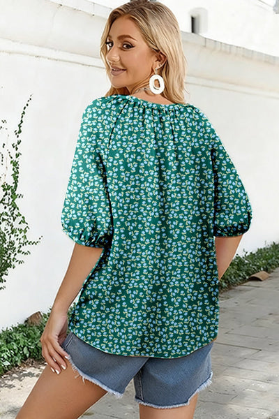 Women's Notched V-Neck Plus Size Boho Floral Viscose Top