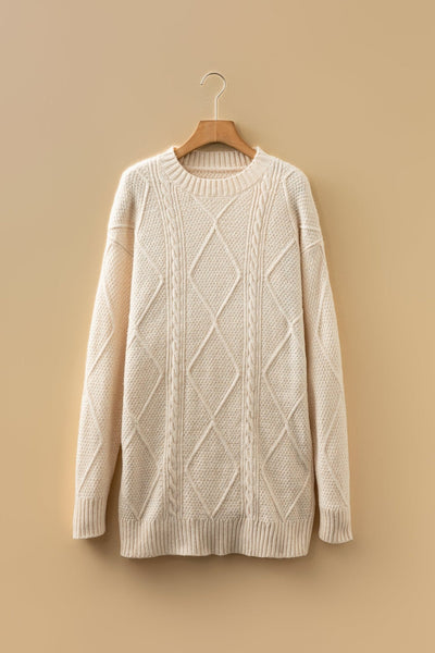 Women's Oatmeal Cable Knit Sweater Dress with Drop Shoulder