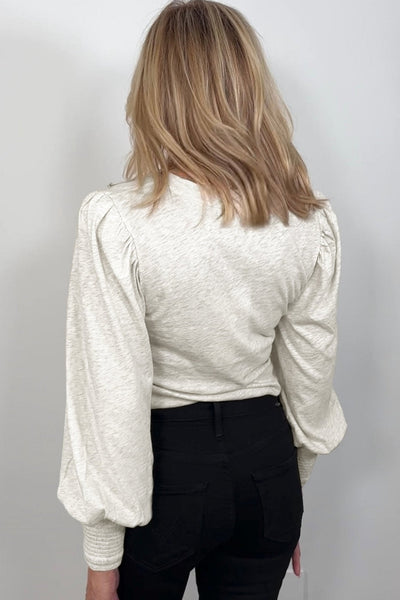 Women's Oatmeal Cotton Puff Sleeve Blouse with Shirred Cuffs