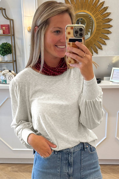 Women's Oatmeal Cotton Puff Sleeve Blouse with Shirred Cuffs