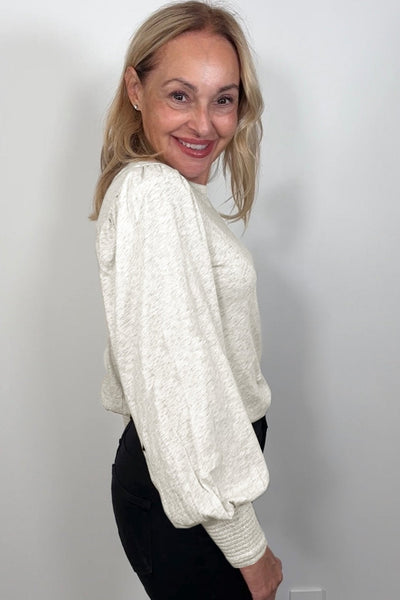 Women's Oatmeal Cotton Puff Sleeve Blouse with Shirred Cuffs