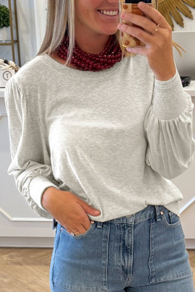 Women's Oatmeal Cotton Puff Sleeve Blouse with Shirred Cuffs