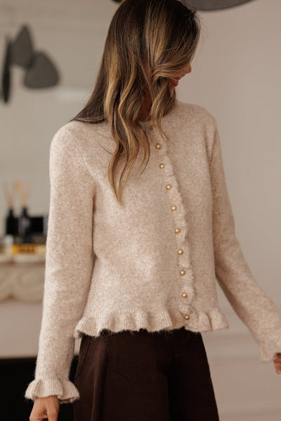 Women's Oatmeal Ruffle Trim Cardigan with Gold Buttons