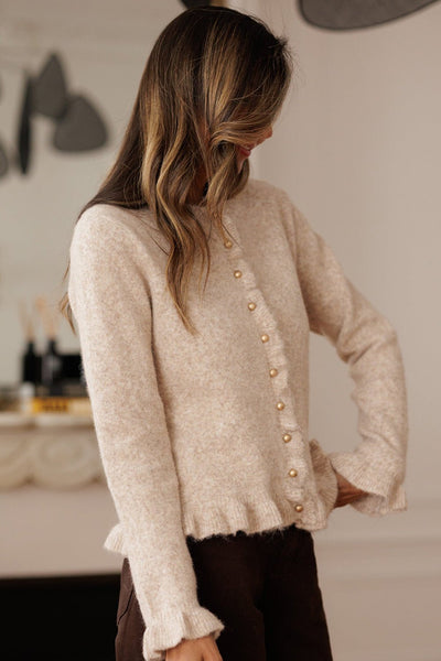 Women's Oatmeal Ruffle Trim Cardigan with Gold Buttons