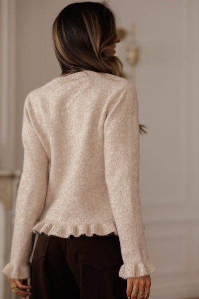 Women's Oatmeal Ruffle Trim Cardigan with Gold Buttons