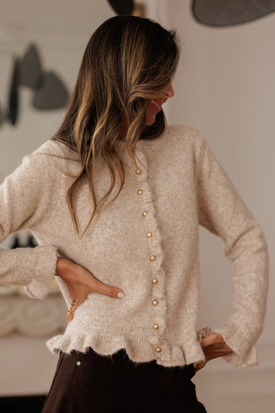 Women's Oatmeal Ruffle Trim Cardigan with Gold Buttons