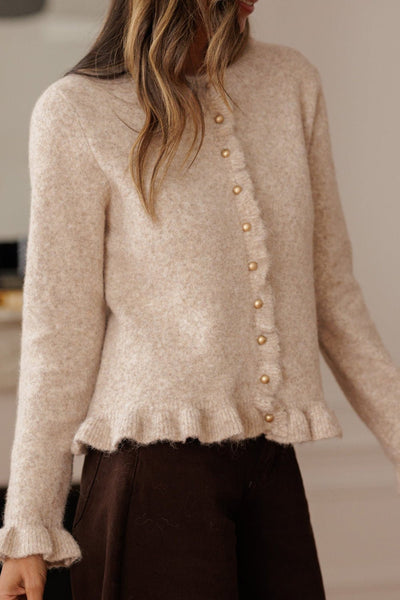 Women's Oatmeal Ruffle Trim Cardigan with Gold Buttons