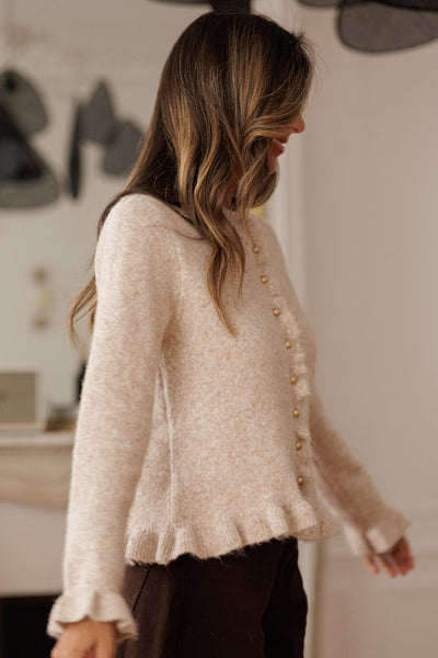 Women's Oatmeal Ruffle Trim Cardigan with Gold Buttons