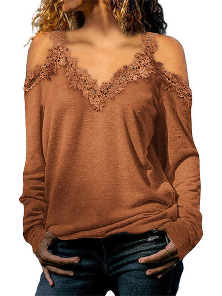Lace Trim Cold Shoulder Chain Strap Top