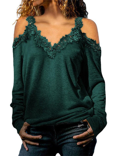 Lace Trim Cold Shoulder Chain Strap Top