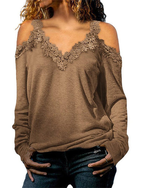 Lace Trim Cold Shoulder Chain Strap Top