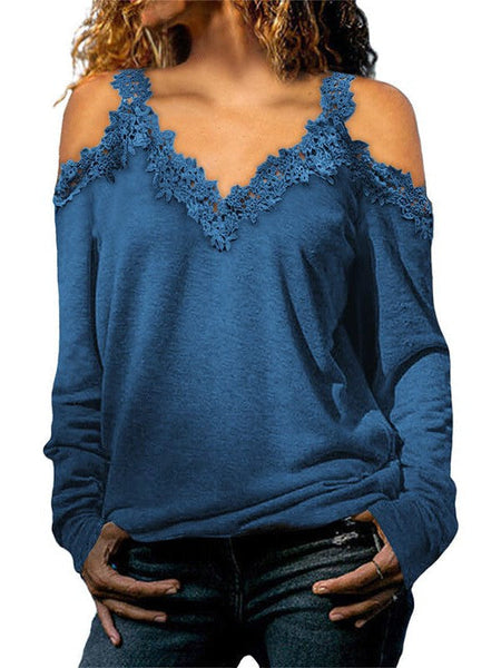 Lace Trim Cold Shoulder Chain Strap Top