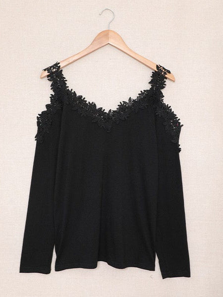 Lace Trim Cold Shoulder Chain Strap Top