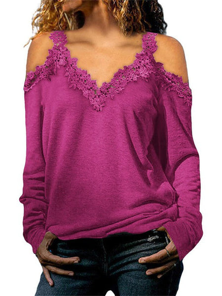 Lace Trim Cold Shoulder Chain Strap Top
