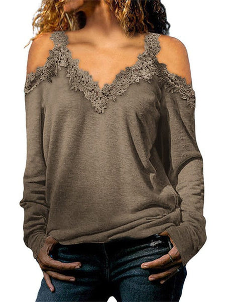 Lace Trim Cold Shoulder Chain Strap Top