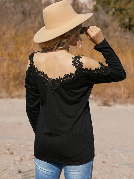 Lace Trim Cold Shoulder Chain Strap Top