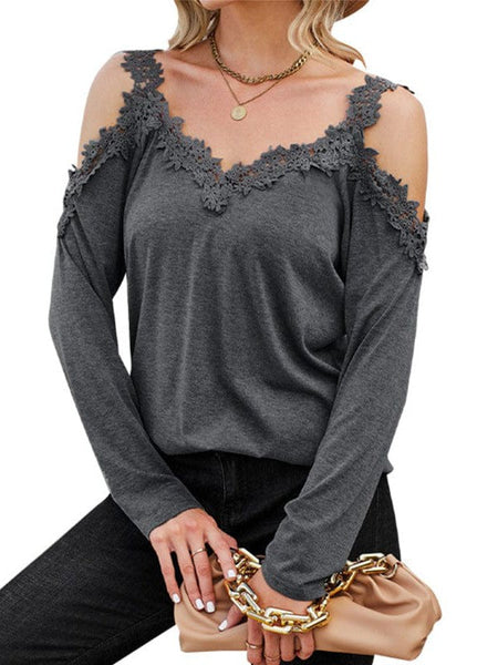 Lace Trim Cold Shoulder Chain Strap Top
