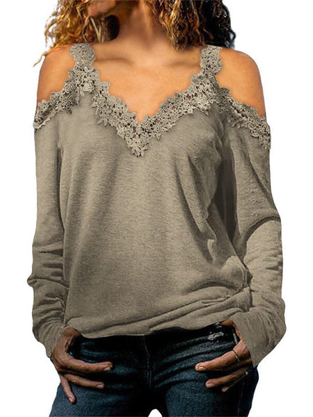 Lace Trim Cold Shoulder Chain Strap Top