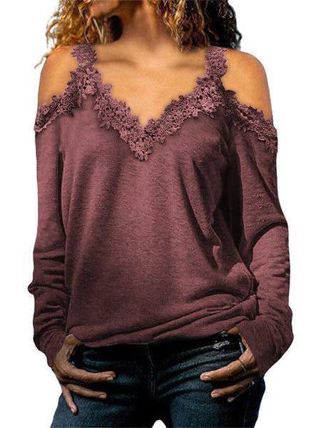 Lace Trim Cold Shoulder Chain Strap Top