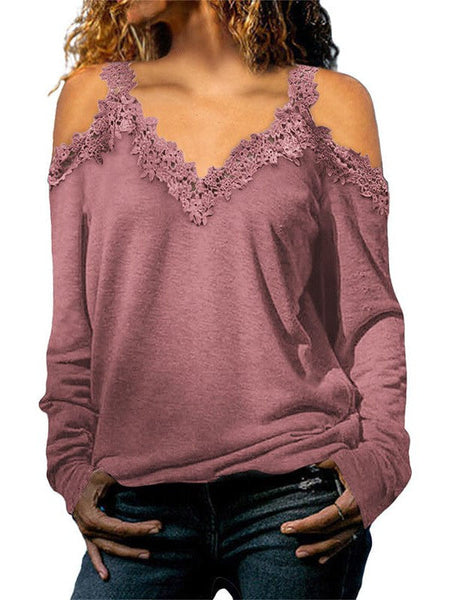 Lace Trim Cold Shoulder Chain Strap Top