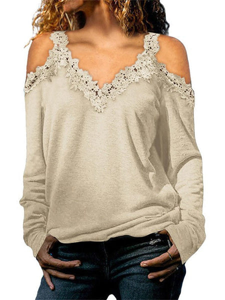 Lace Trim Cold Shoulder Chain Strap Top