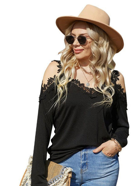 Lace Trim Cold Shoulder Chain Strap Top