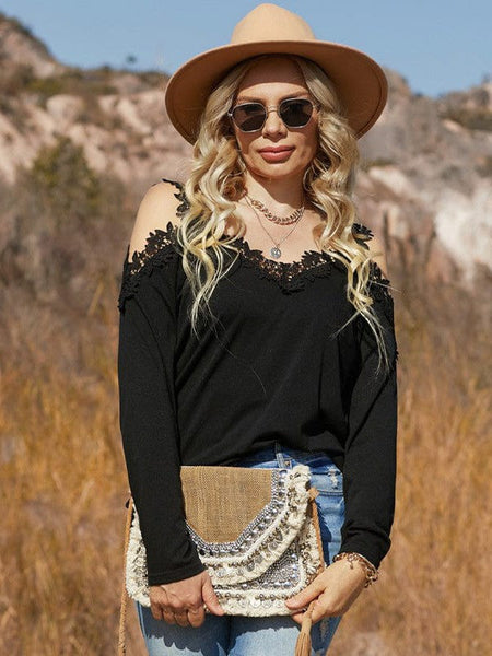 Lace Trim Cold Shoulder Chain Strap Top
