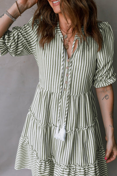 Women's Olive Green Pinstripe Cotton-Blend Tiered Mini Dress