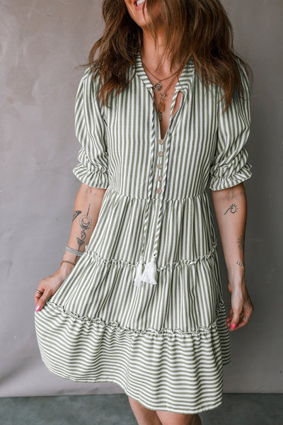 Women's Olive Green Pinstripe Cotton-Blend Tiered Mini Dress