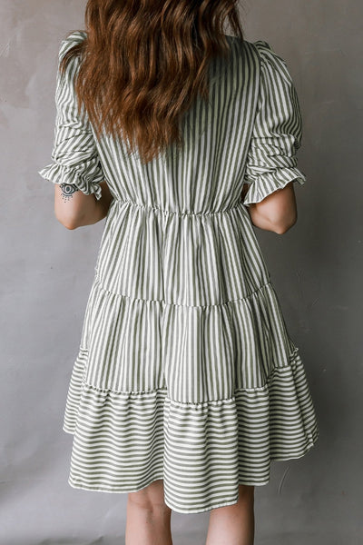 Women's Olive Green Pinstripe Cotton-Blend Tiered Mini Dress